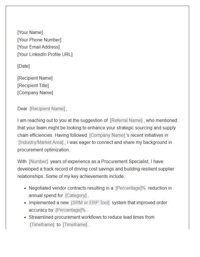 Procurement Specialist Referral Networking Cover Letter Template