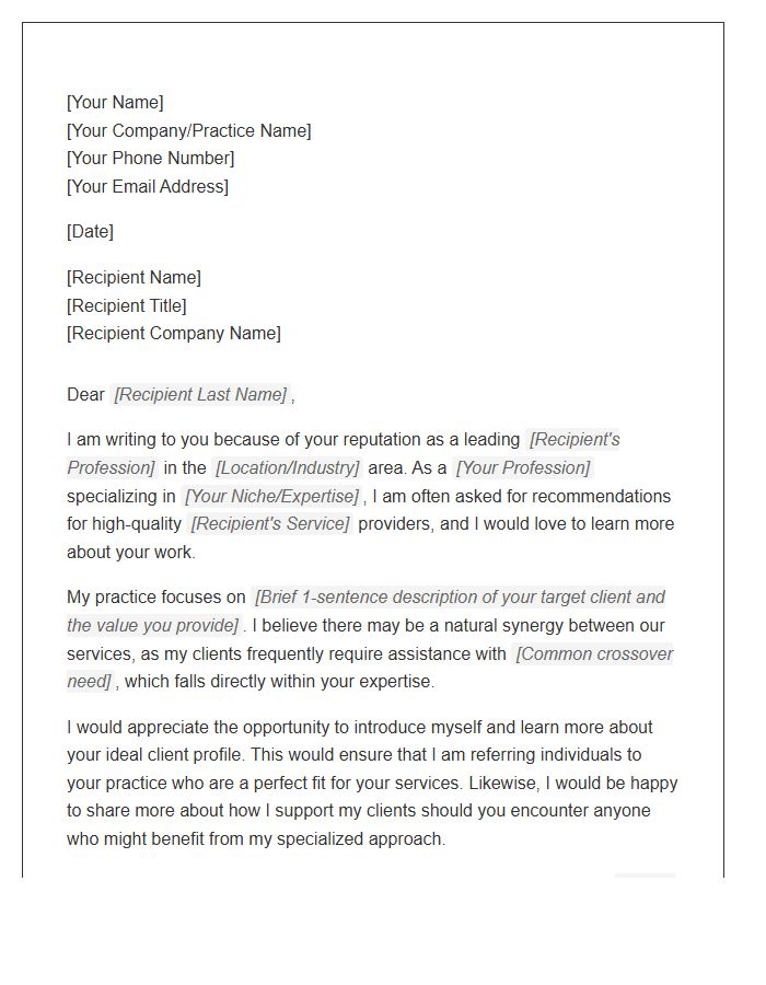 Service Provider Referral Networking Cover Letter Template