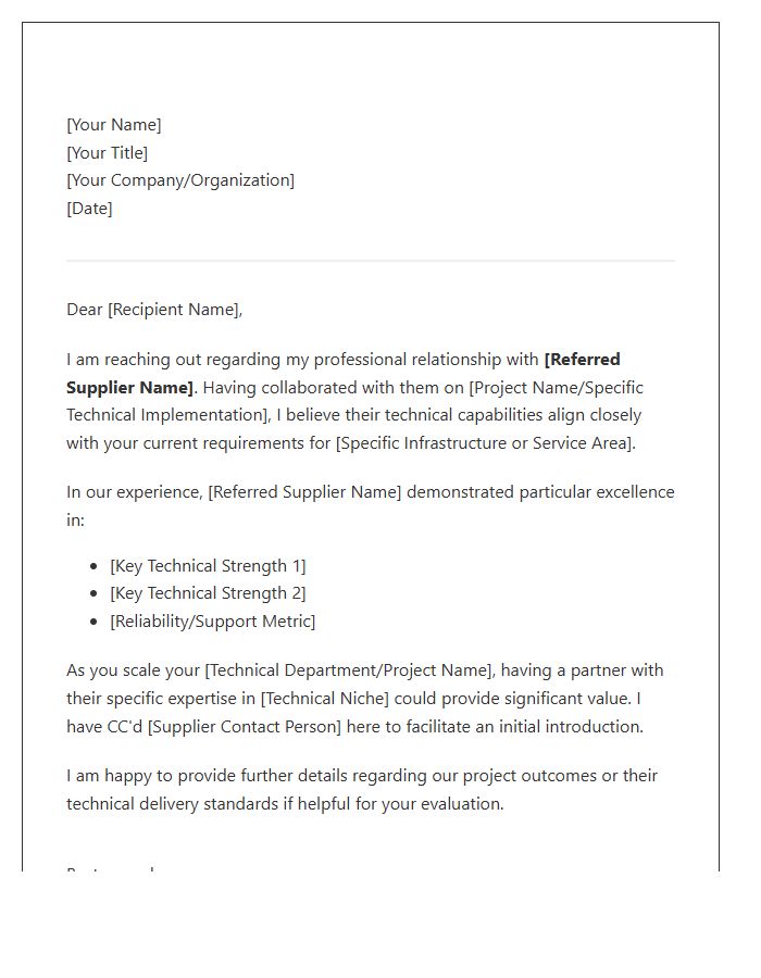 Technical Supplier Referral Networking Cover Letter Template