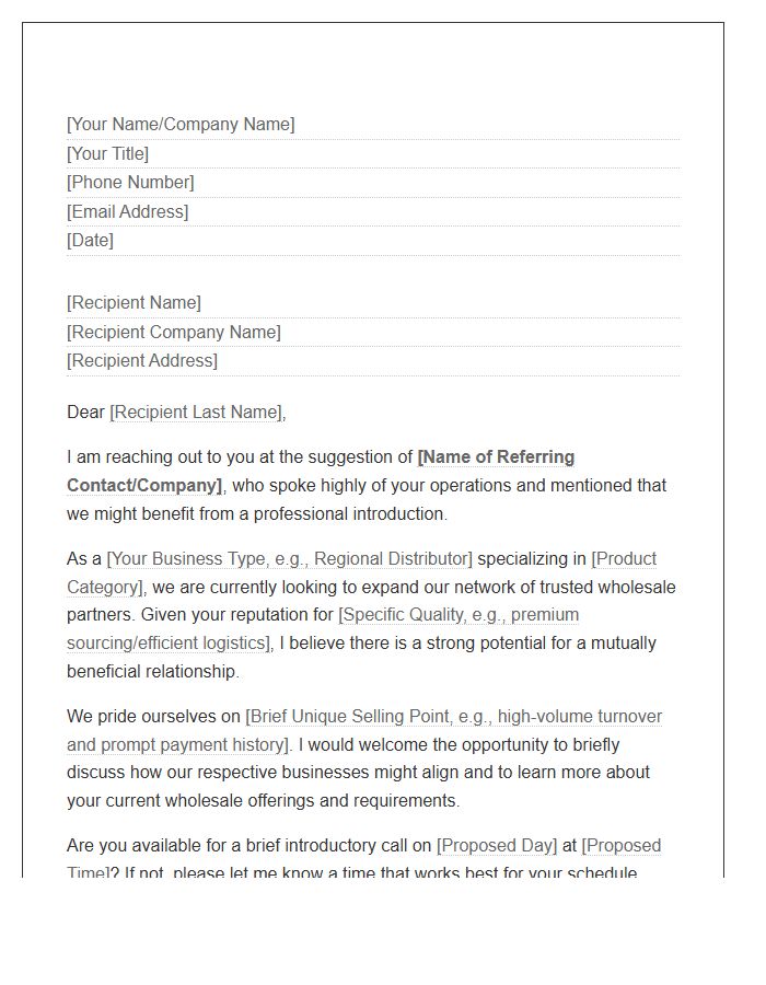 Wholesale Vendor Referral Networking Cover Letter Template