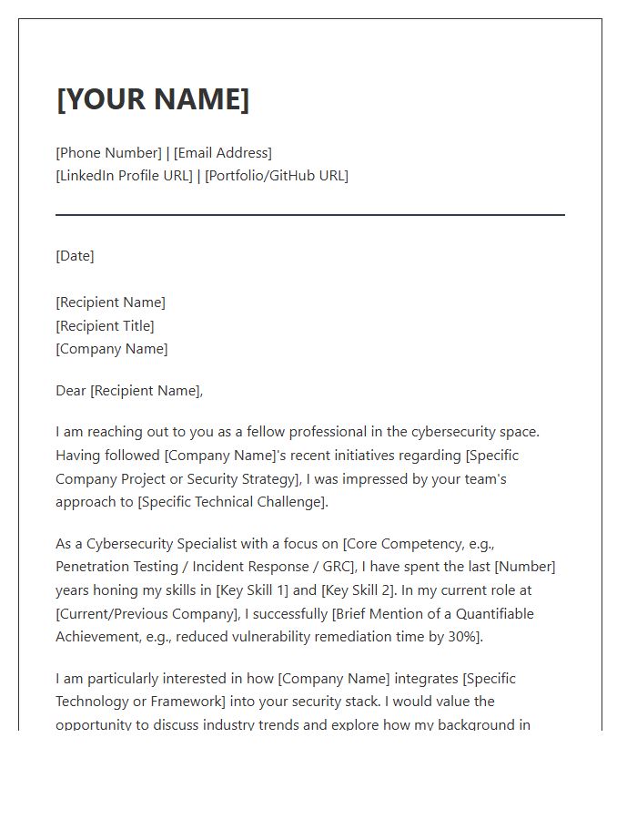 Cybersecurity Specialist Industry Networking Cover Letter Template