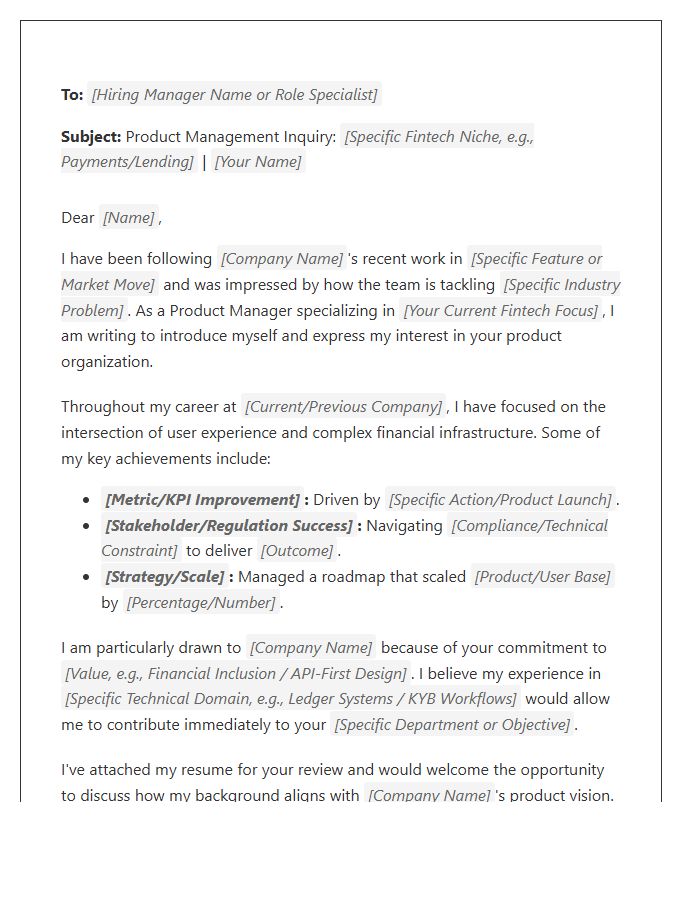 Fintech Product Manager Networking Cover Letter Template