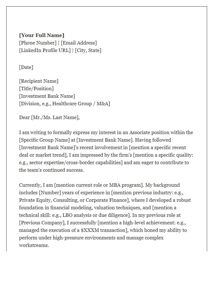 Investment Banking Associate Networking Cover Letter Template