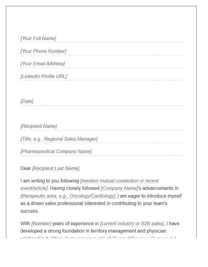Pharmaceutical Sales Representative Networking Cover Letter Template