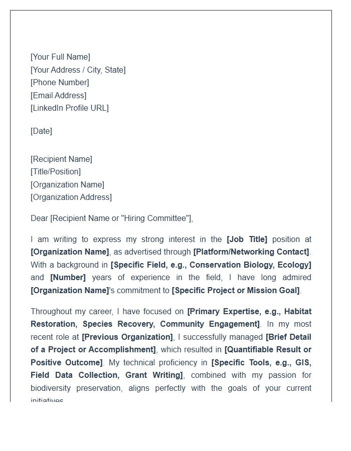 Wildlife Conservationist Professional Networking Cover Letter Template