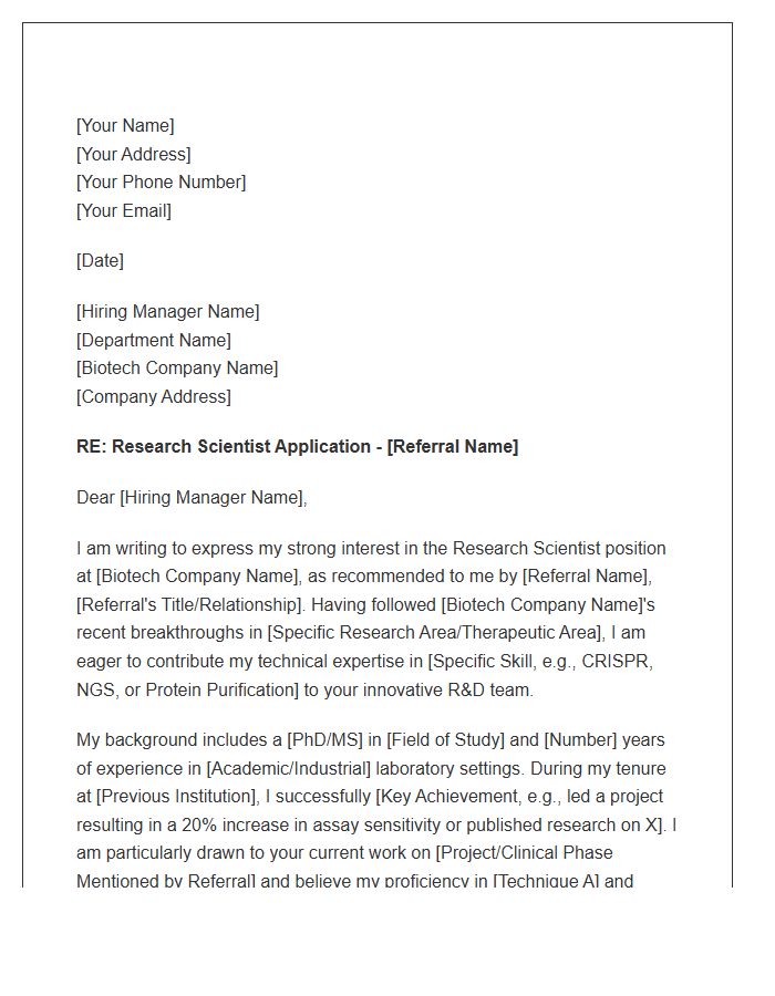 Biotech Research Scientist Referral Cover Letter Template