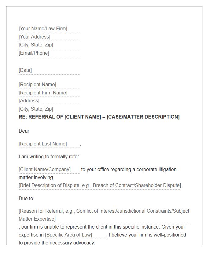 Corporate Litigation Attorney Referral Cover Letter Template