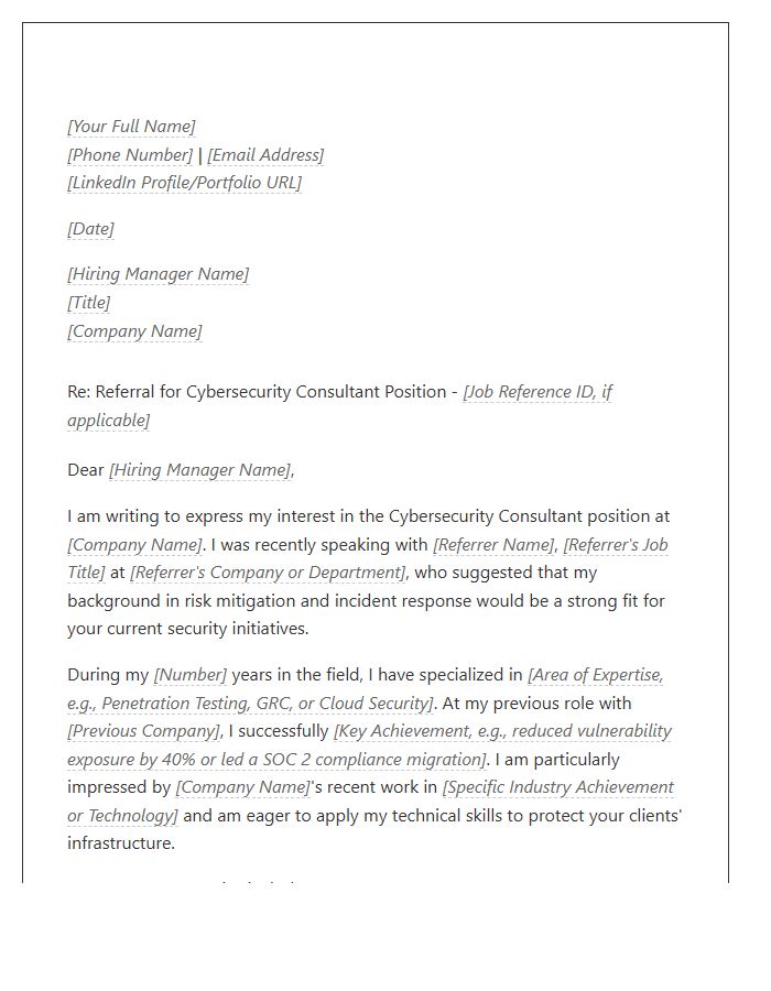 Cybersecurity Consultant Referral Cover Letter Template