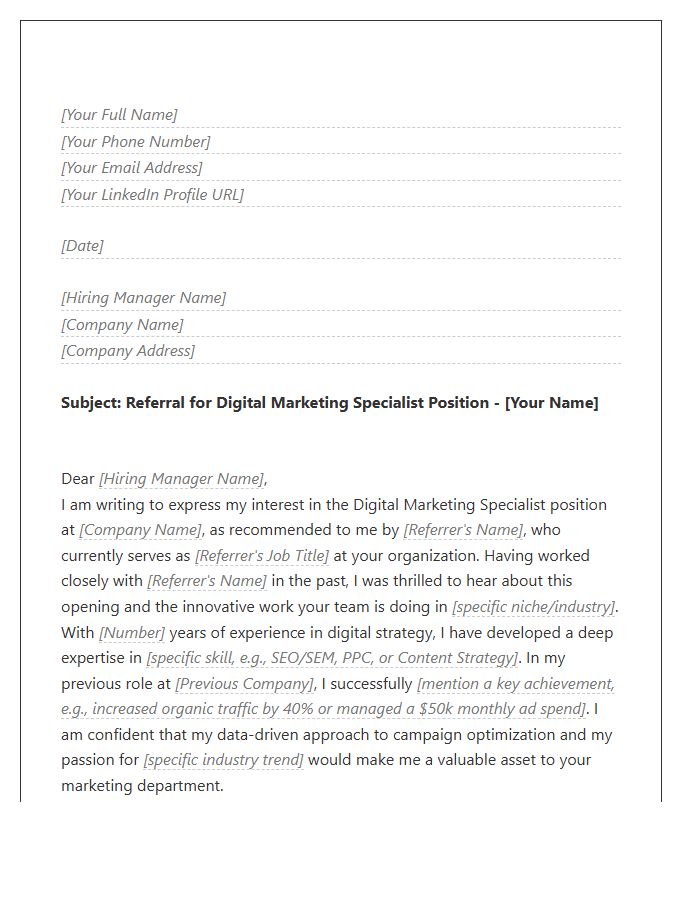 Digital Marketing Specialist Referral Cover Letter Template