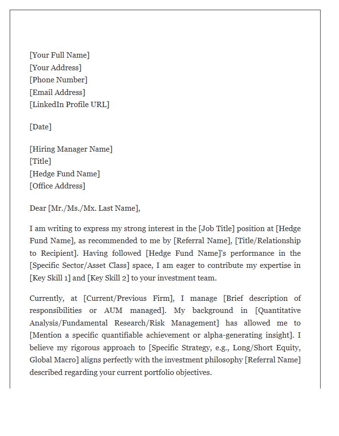 Hedge Fund Management Referral Cover Letter Template