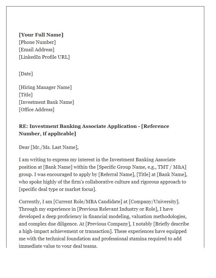 Investment Banking Associate Referral Cover Letter Template