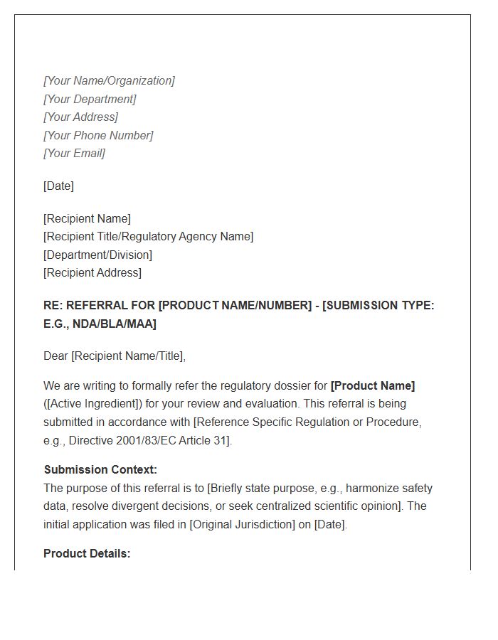 Pharmaceutical Regulatory Affairs Referral Cover Letter Template