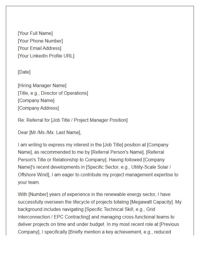 Renewable Energy Project Manager Referral Cover Letter Template