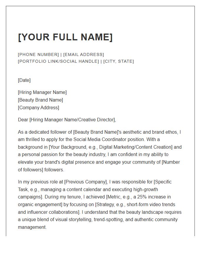 Beauty Brand Social Media Coordinator Cover Letter Template
