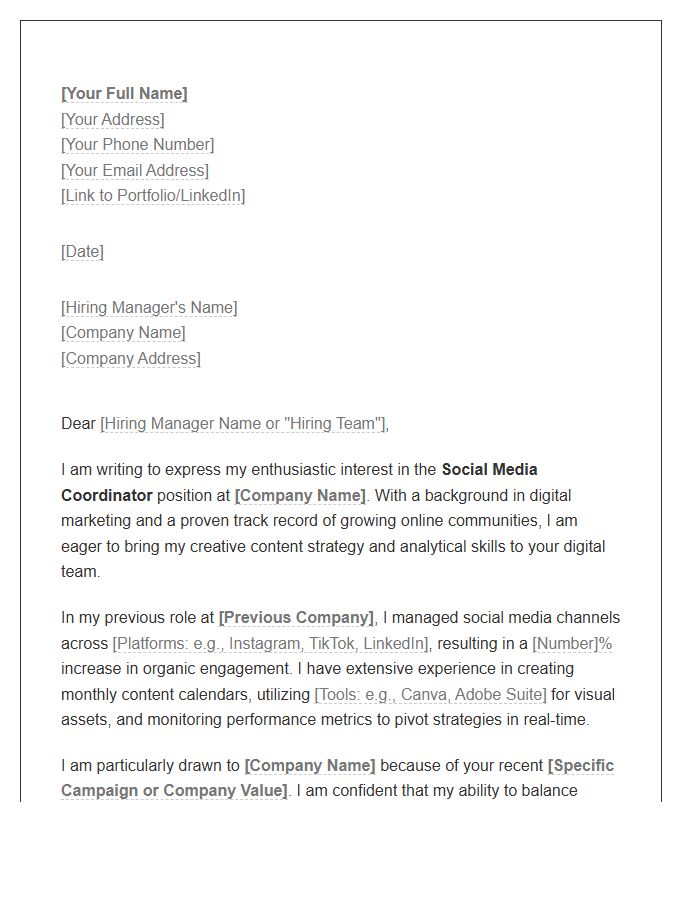 Digital Marketing Social Media Coordinator Cover Letter Template