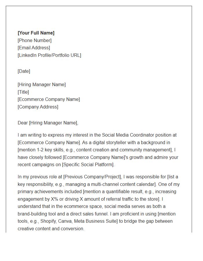 Ecommerce Platform Social Media Coordinator Cover Letter Template