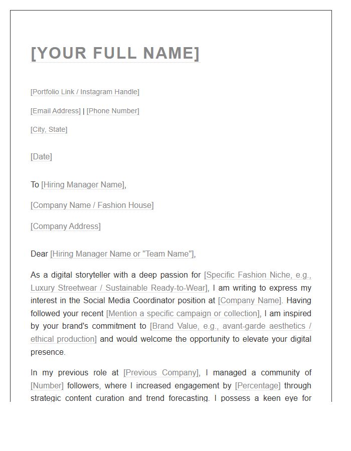 Fashion Industry Social Media Coordinator Cover Letter Template