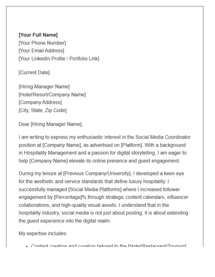 Hospitality Management Social Media Coordinator Cover Letter Template