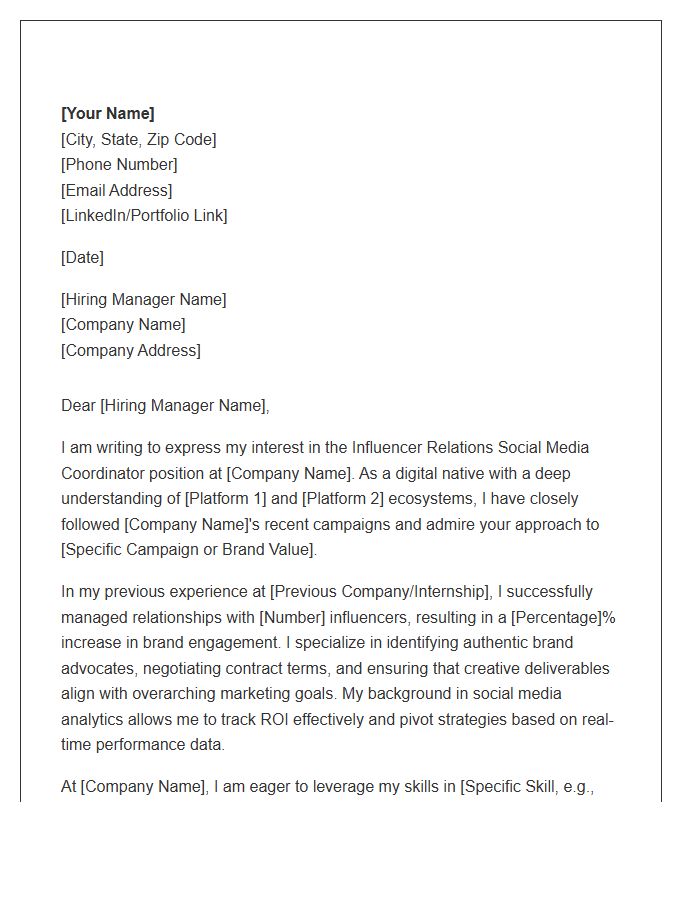 Influencer Relations Social Media Coordinator Cover Letter Template