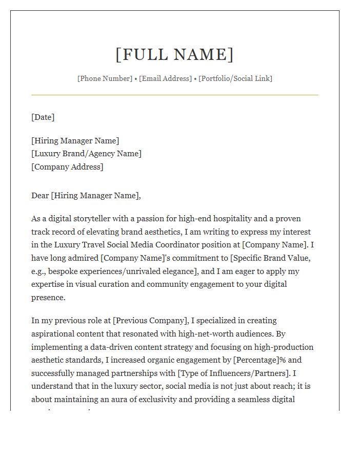 Luxury Travel Social Media Coordinator Cover Letter Template