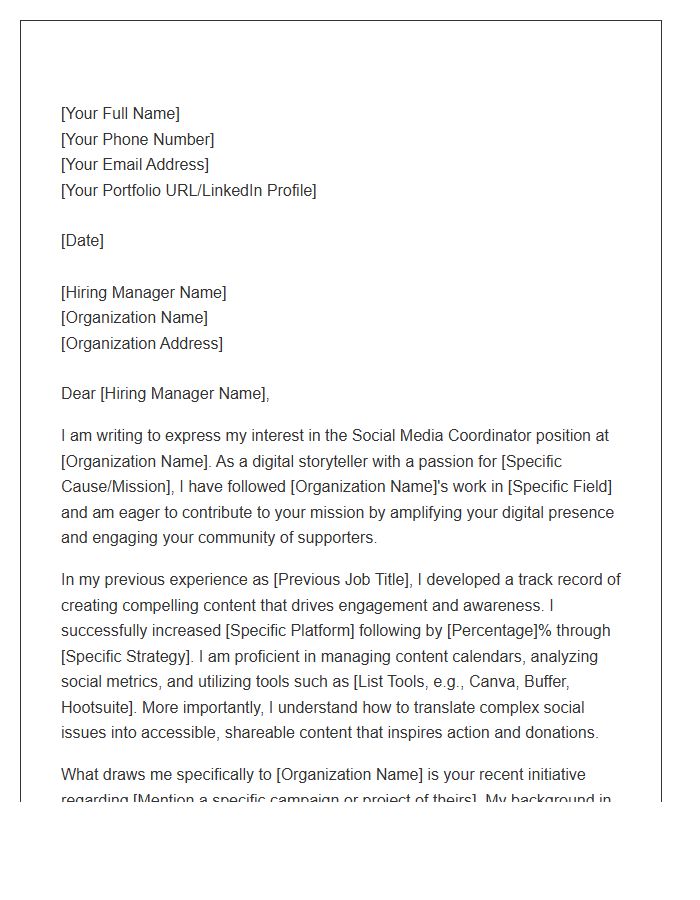 Nonprofit Organization Social Media Coordinator Cover Letter Template