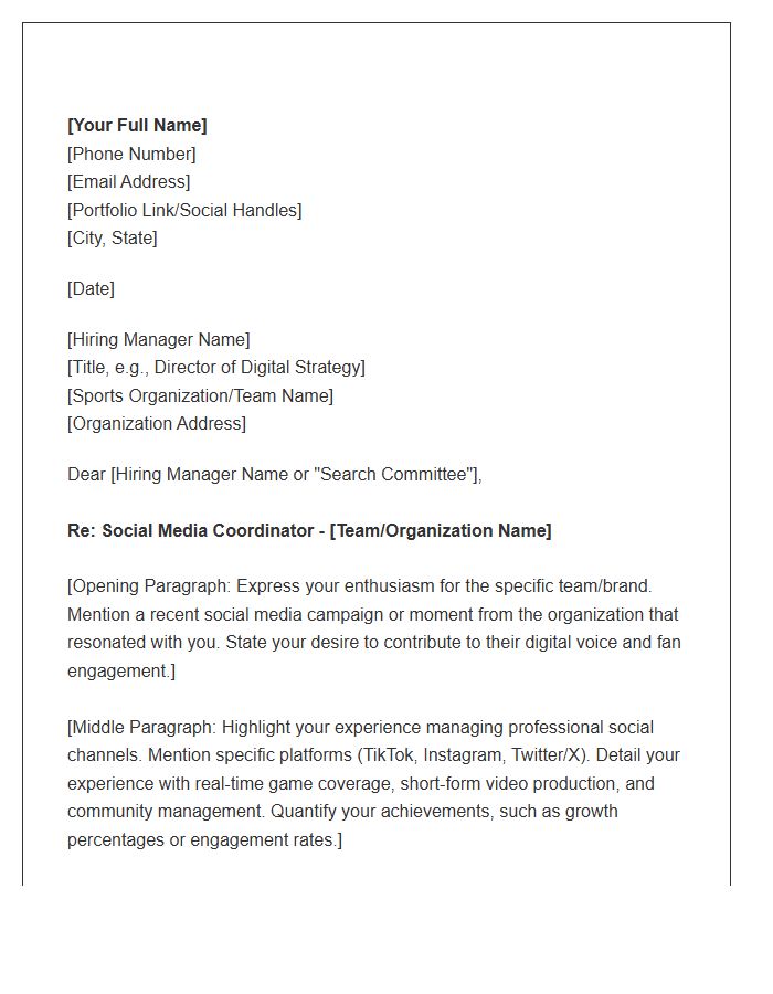 Professional Sports Social Media Coordinator Cover Letter Template
