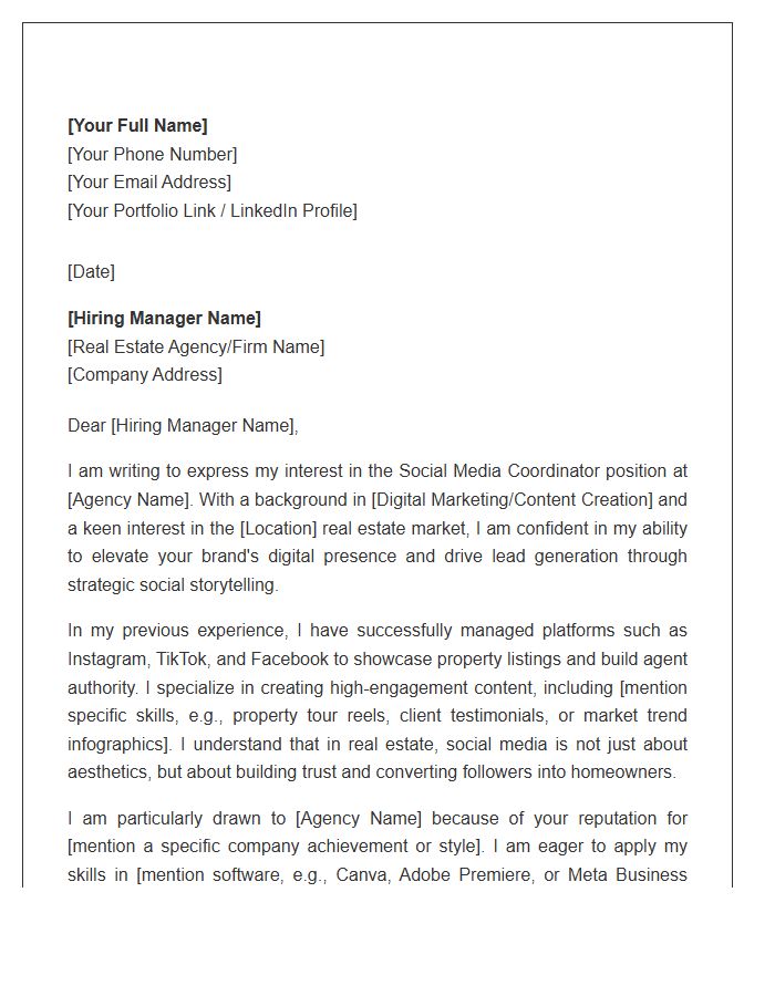 Real Estate Social Media Coordinator Cover Letter Template