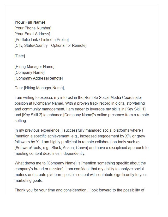 Remote Work Social Media Coordinator Cover Letter Template