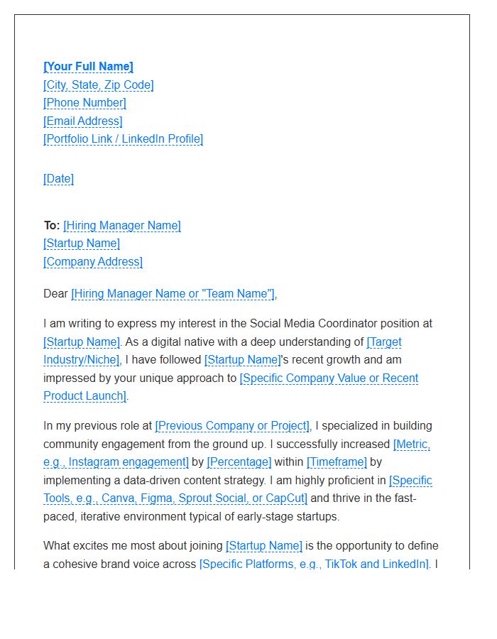 Tech Startup Social Media Coordinator Cover Letter Template