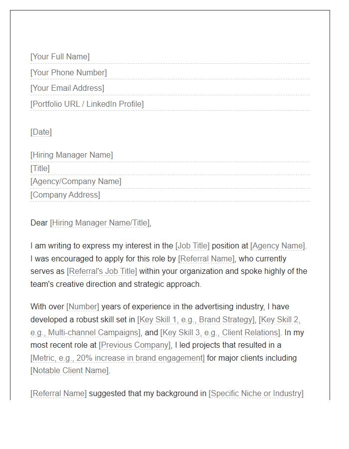 Advertising Professional Referral Cover Letter Template