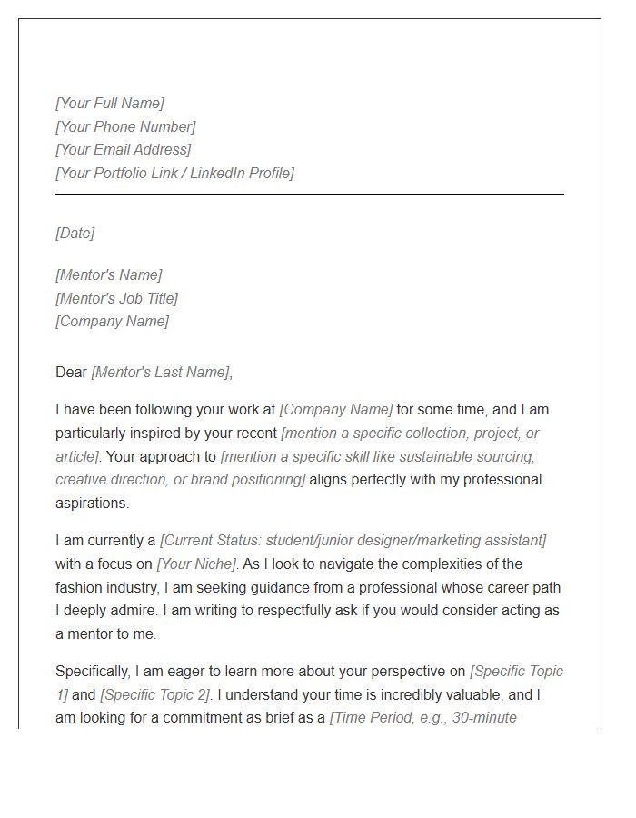 Fashion Industry Mentor Request Cover Letter Template