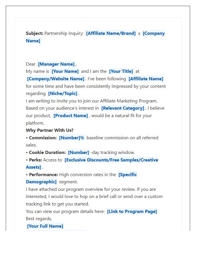Affiliate Marketing Program Outreach Cover Letter Template
