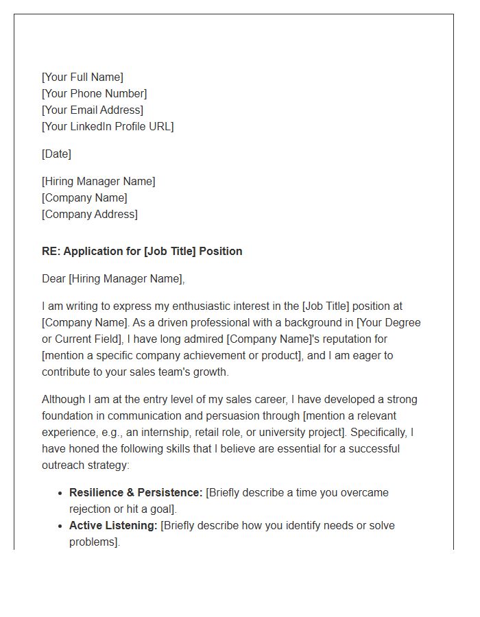 Entry Level Sales Outreach Cover Letter Template