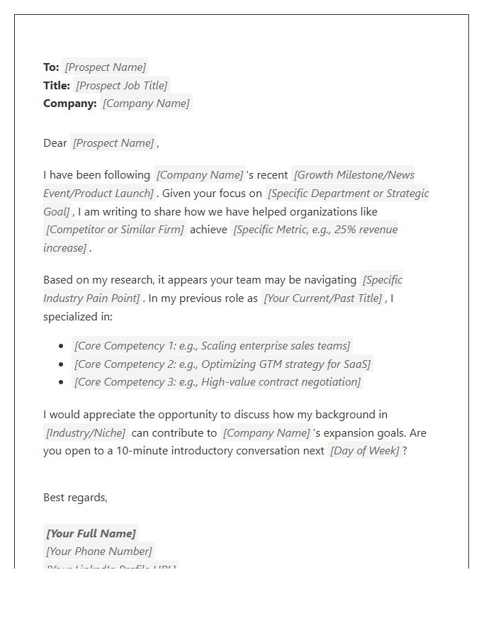 Executive Sales Cold Outreach Cover Letter Template