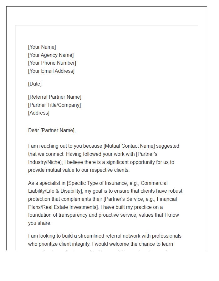 Insurance Sales Referral Networking Cover Letter Template