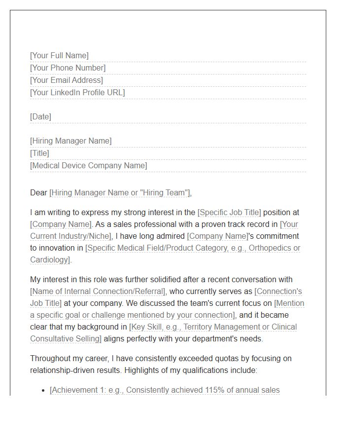 Medical Device Sales Connection Cover Letter Template