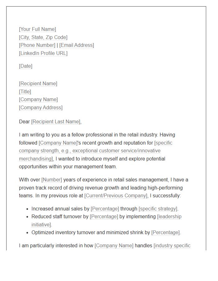 Retail Sales Management Networking Cover Letter Template