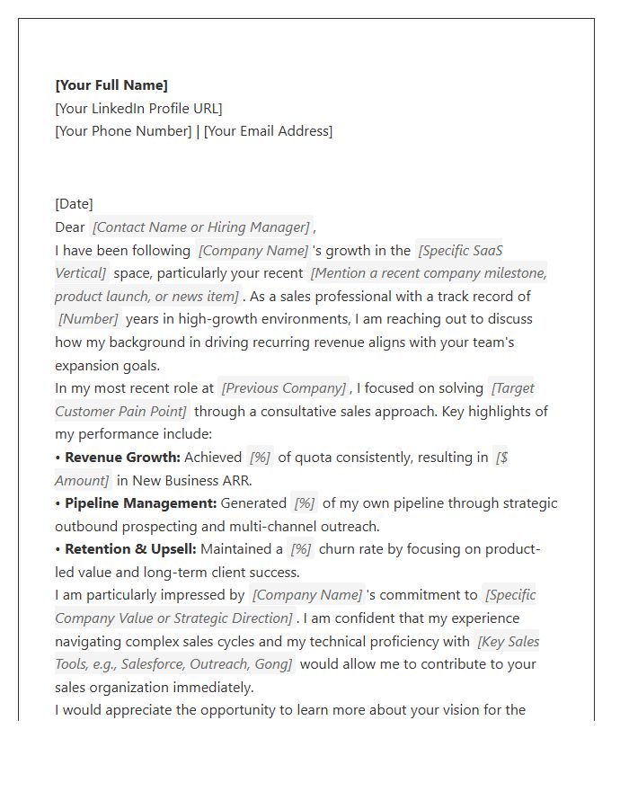SaaS Sales Career Networking Cover Letter Template