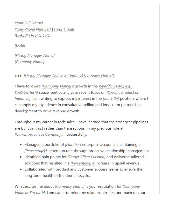 Tech Sales Relationship Building Cover Letter Template