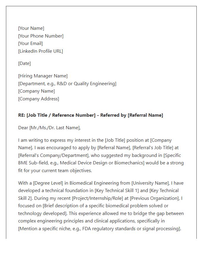 Biomedical Engineering Networking Referral Cover Letter Template