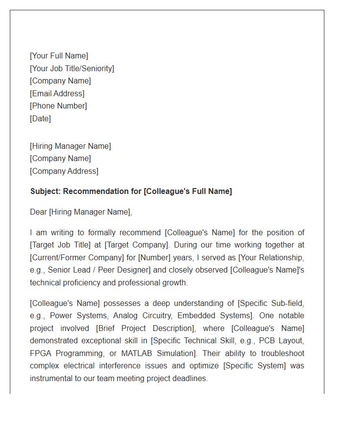 Electrical Engineering Colleague Recommendation Cover Letter Template