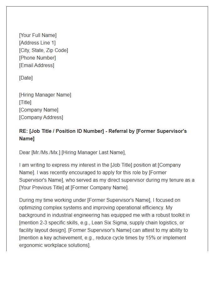 Industrial Engineering Former Supervisor Referral Cover Letter Template