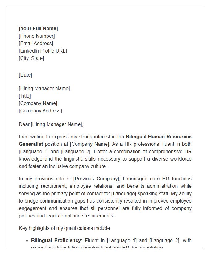 Bilingual Human Resources Generalist Cover Letter Template