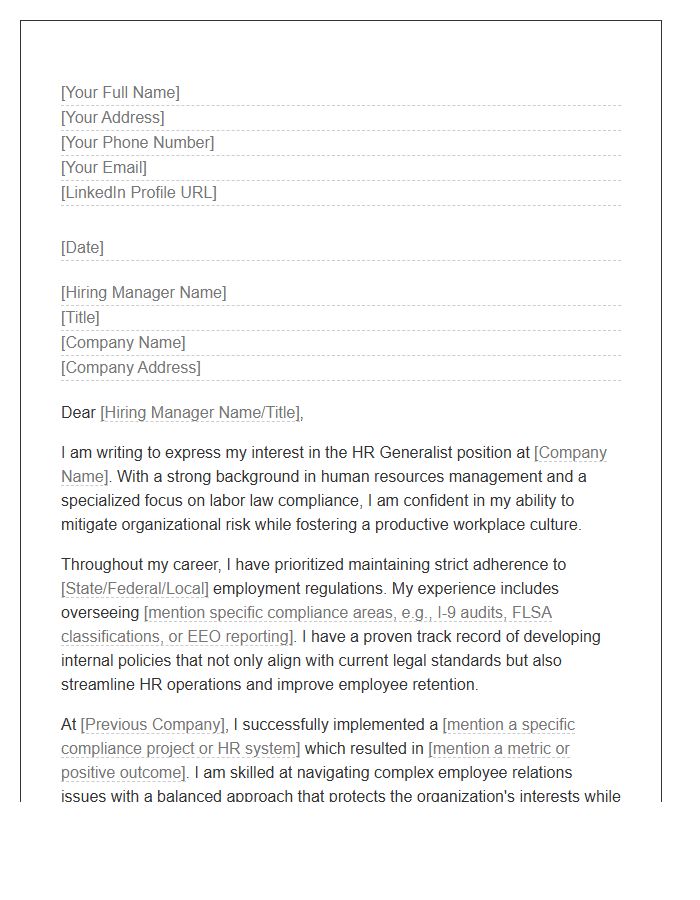 Compliance Focused Human Resources Generalist Cover Letter Template