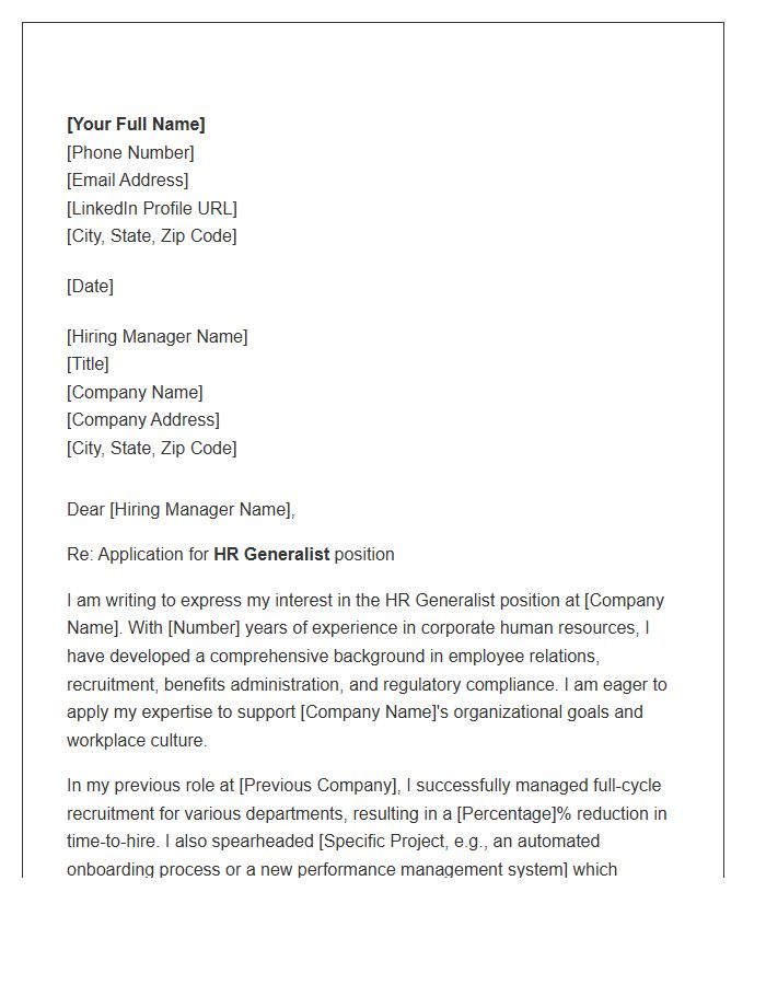 Corporate Human Resources Generalist Cover Letter Template