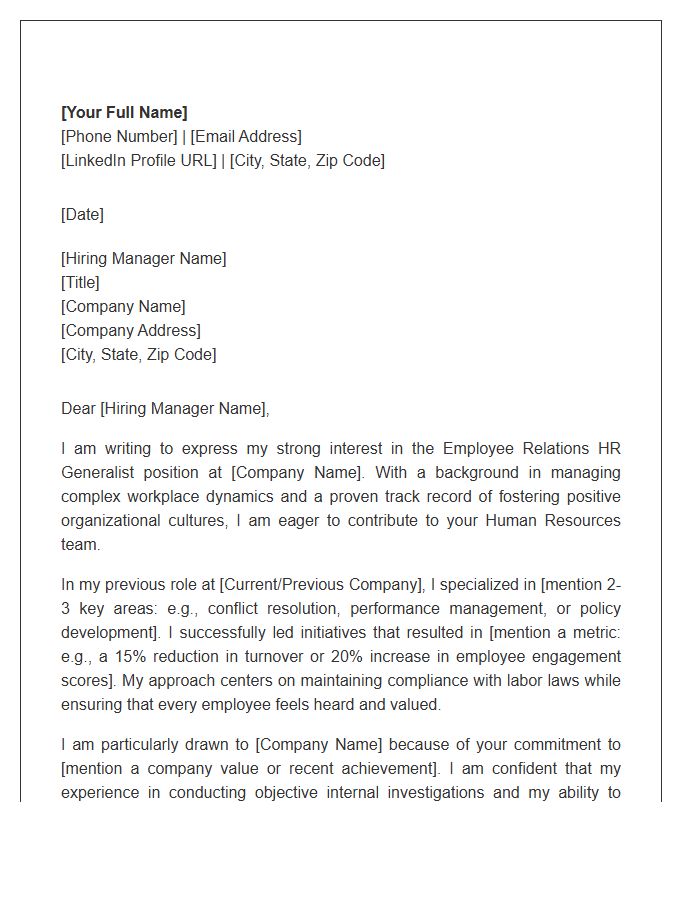 Employee Relations HR Generalist Cover Letter Template