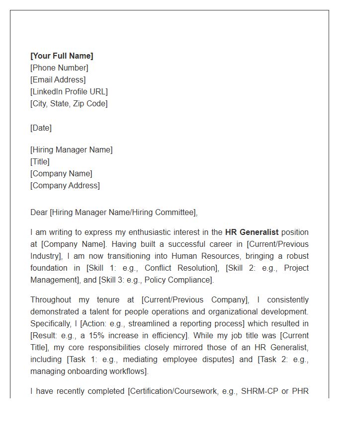 HR Generalist Career Change Cover Letter Template