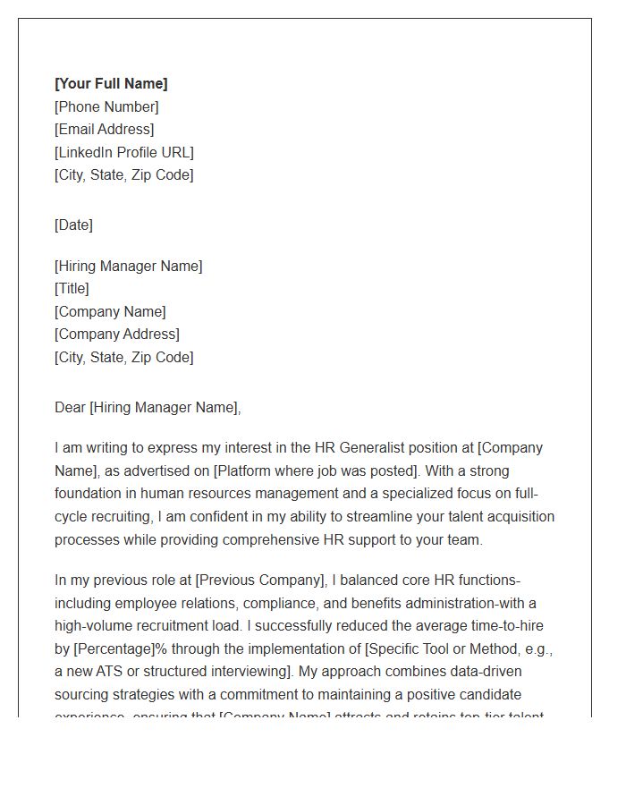 HR Generalist Cover Letter Template With Recruiting Focus