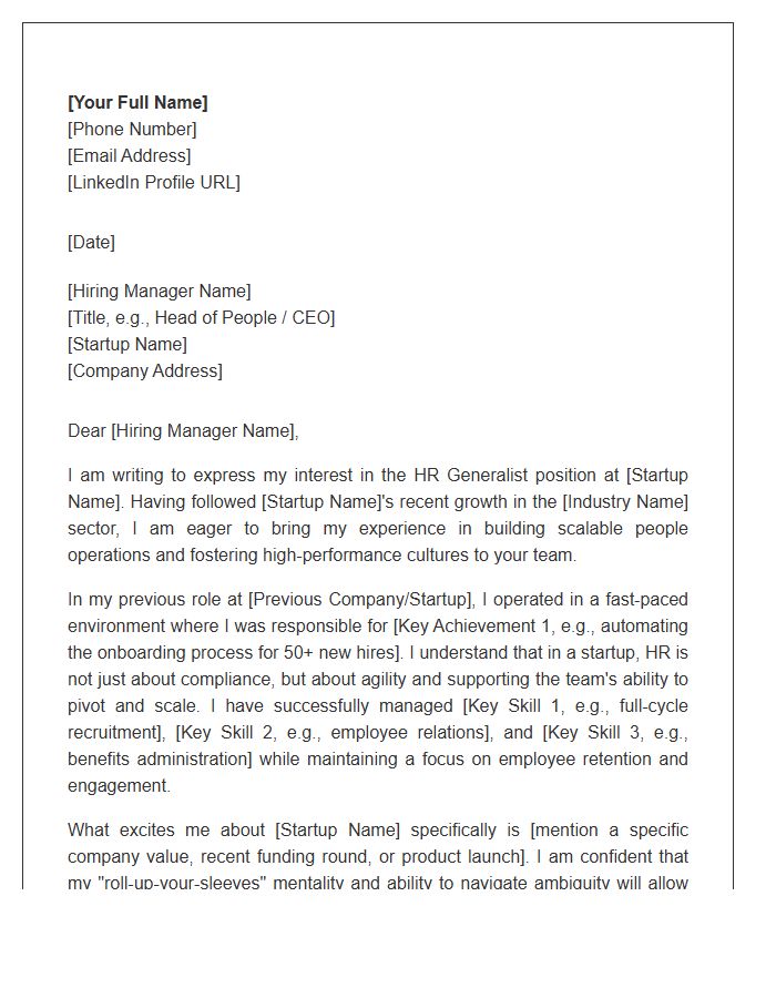 Human Resources Generalist Cover Letter Template For Startups