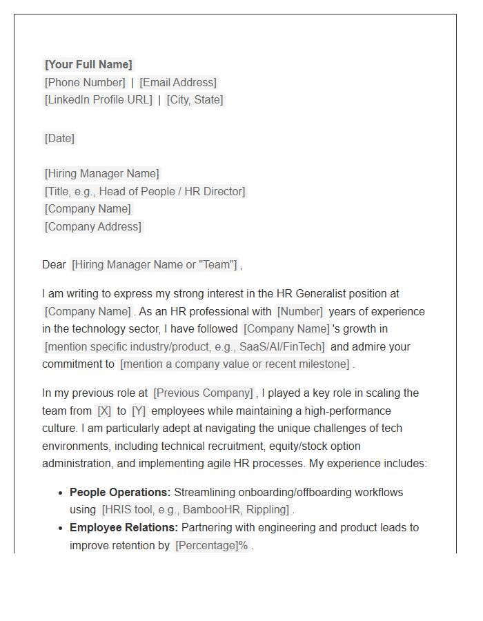 Human Resources Generalist Cover Letter Template For Tech Companies